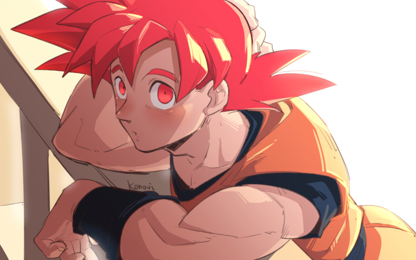 1boy, :o, arm_behind_head, arm_rest, artist_name, bangs, blush, dougi, dragon_ball, dragon_ball_super, konovi_yee, looking_at_viewer, male_focus, muscular, muscular_male, red_eyes, redhead, saiyan, short_hair, solo, son_goku, super_saiyan, super_saiyan_god, wristband