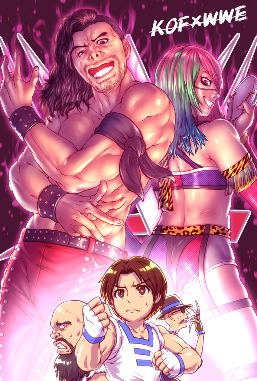 1girl, 4boys, armband, asuka_(wrestler), bald, beard, black_hair, blue_hair