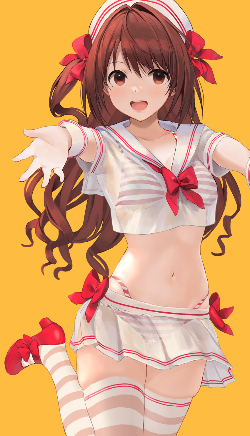 1girl, :d, absurdres, bikini, blush, brown_hair, crop_top, foreshortening