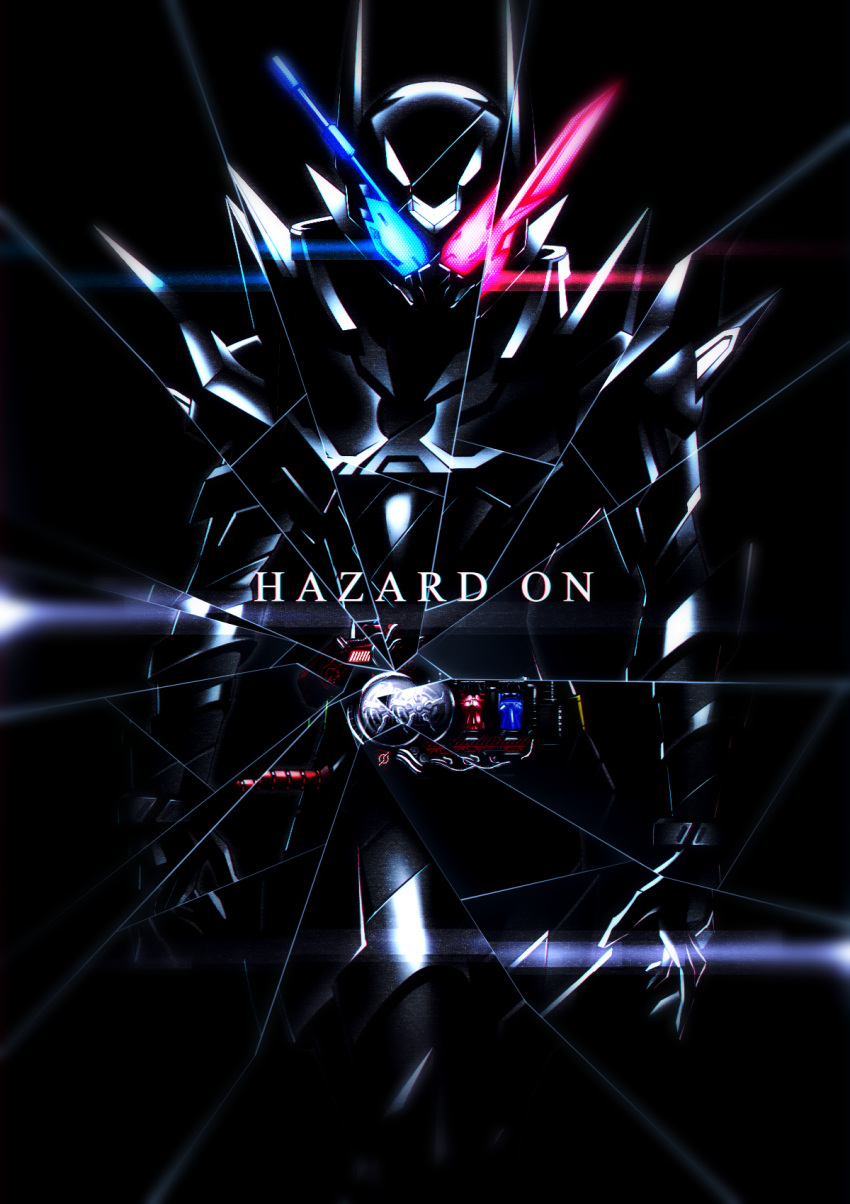 1boy, armor, belt, black_armor, blue_eyes, build_driver, dark, driver_(kamen_rider)