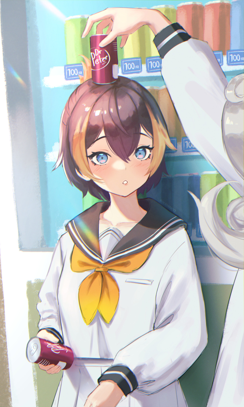 2girls, absurdres, bangs, black_sailor_collar, blonde_hair, blue_eyes, brown_hair, can