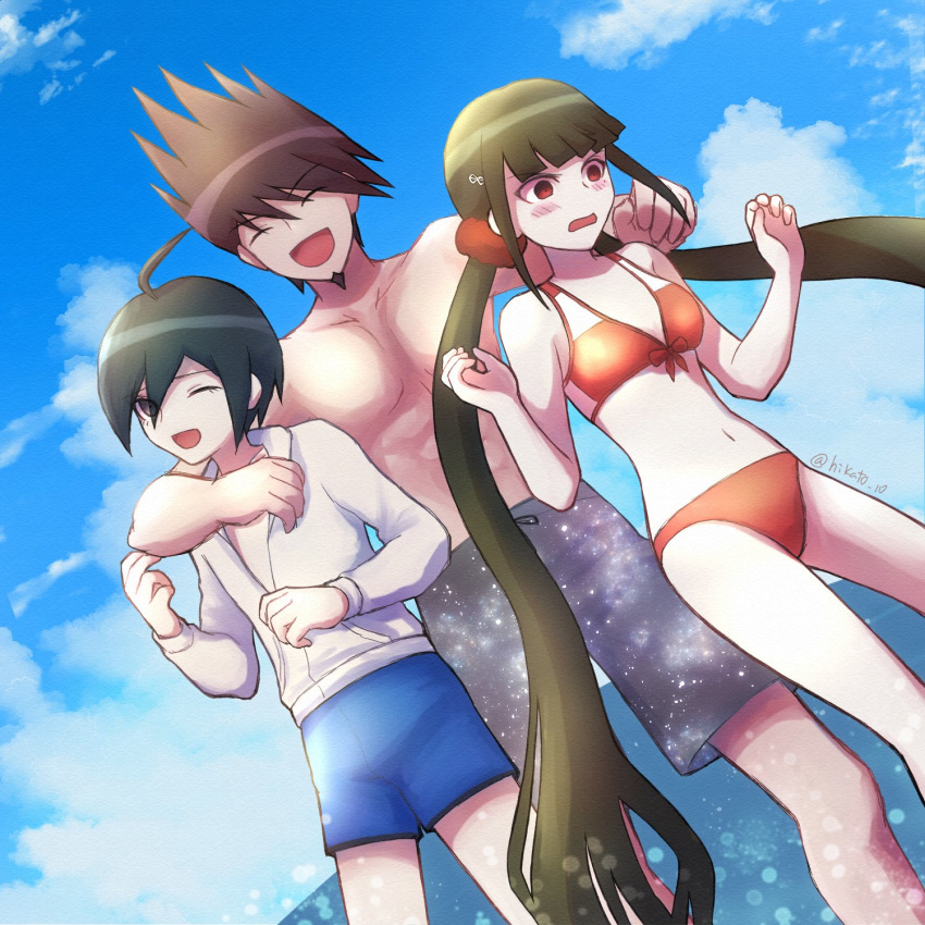 1girl, 2boys, :d, arm_around_neck, bangs, beach, bikini, blue_male_swimwear, blush, breasts, closed_eyes, clouds, collarbone, danganronpa_(series), danganronpa_s:_ultimate_summer_camp, danganronpa_v3:_killing_harmony, day, eyebrows_visible_through_hair, facial_hair, goatee, hair_ornament, hair_scrunchie, hairclip, harukawa_maki, highres, jacket, male_swimwear, medium_breasts, mole, mole_under_eye, momota_kaito, multiple_boys, navel, open_mouth, outdoors, red_bikini, red_eyes, red_scrunchie, saihara_shuuichi, scrunchie, smile, space_print, starry_sky_print, stomach, swimsuit, toyatopa, twintails, white_jacket