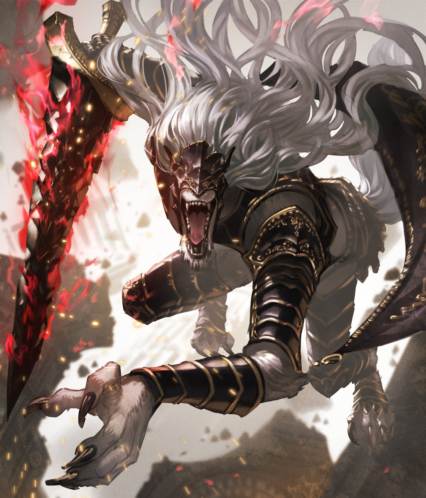 1boy, armor, claws, elden_ring, facing_viewer, furry, furry_male, grey_hair, helmet, highres, holding, holding_sword, holding_weapon, long_hair, makai_no_juumin, male_focus, maliketh_the_black_blade, monster, open_mouth, solo, sword, teeth, tongue, weapon