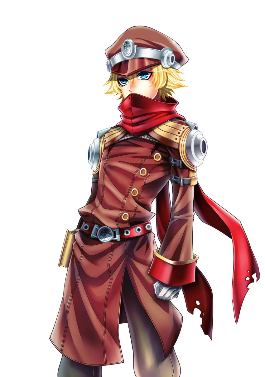1boy, absurdres, blonde_hair, blue_eyes, brown_coat, brown_headwear, chinese_commentary, coat, commentary_request, cowboy_shot, einbroch_guard, gloves, grey_pants, hair_between_eyes, hat, highres, long_sleeves, male_focus, military, pants, peaked_cap, ragnarok_online, red_scarf, scarf, short_hair, simple_background, solo, white_background, white_gloves, yu_(450125)