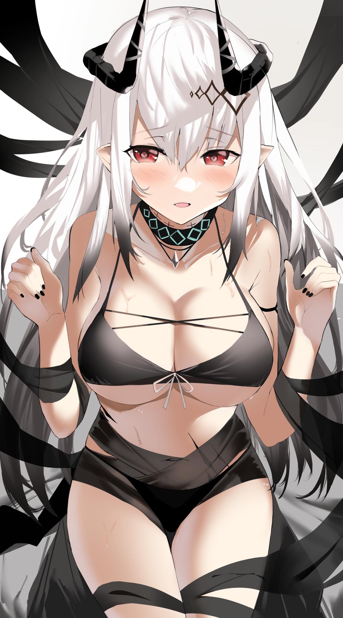 1girl, arknights, bangs, bikini, black_bikini, black_horns, black_nails, black_ribbon