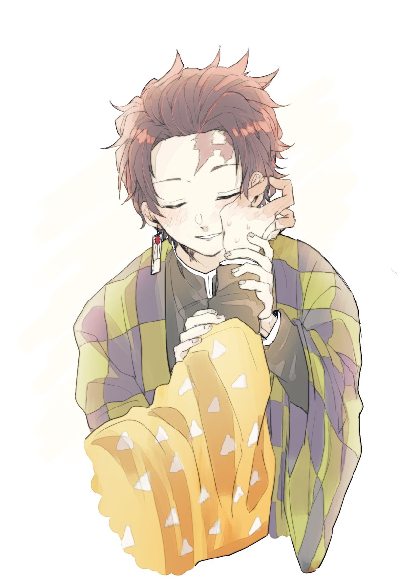 2boys, agatsuma_zenitsu, brown_hair, checkered_haori, checkered_obi, closed_eyes, earrings, hanafuda