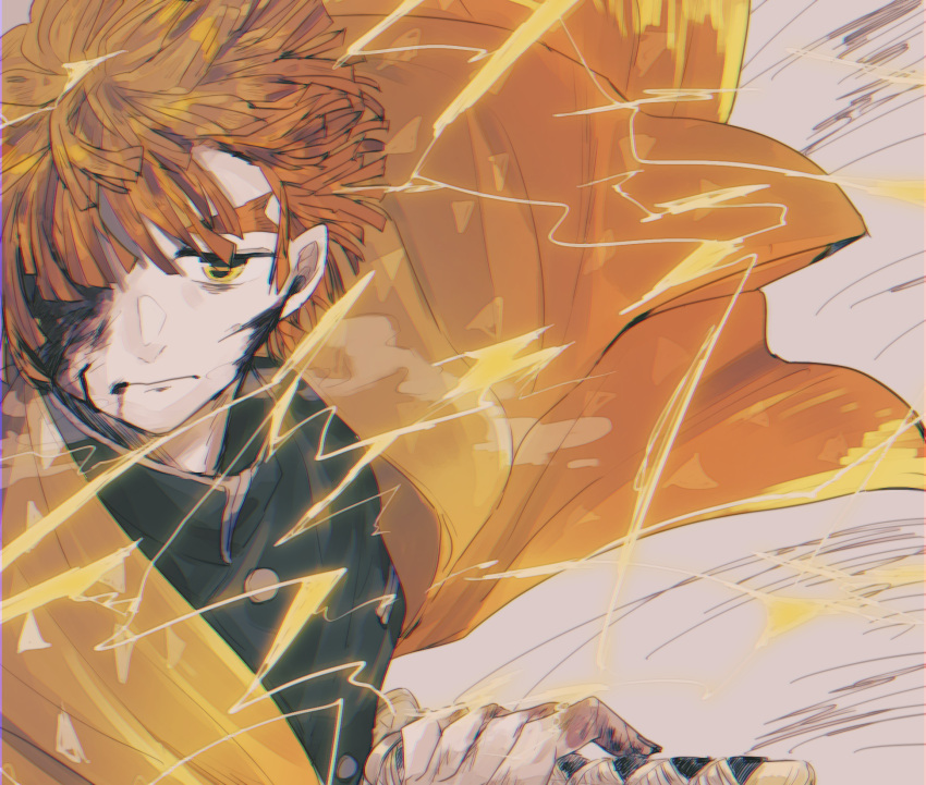 1boy, agatsuma_zenitsu, blonde_hair, blood, blood_on_face, electricity, haori, highres