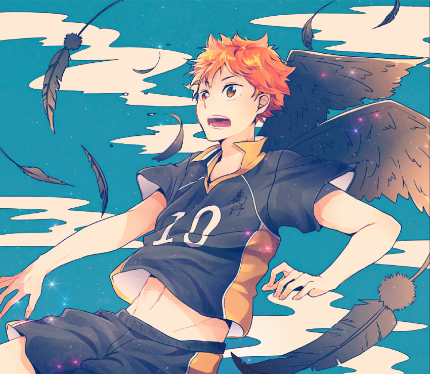 1boy, black_feathers, brown_eyes, feathered_wings, haikyuu!!, highres, hinata_shouyou, male_focus