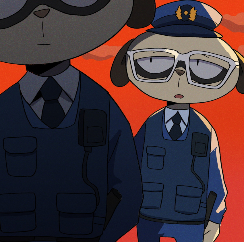 2boys, black_necktie, brothers, collared_shirt, daimon_kenshirou, daimon_koushirou, furry, furry_male, gizugazu, glasses, hat, looking_at_another, male_focus, meerkat_boy, multiple_boys, necktie, odd_taxi, open_mouth, police, police_hat, police_uniform, shirt, siblings, standing, twins, uniform, walkie-talkie, white-framed_eyewear