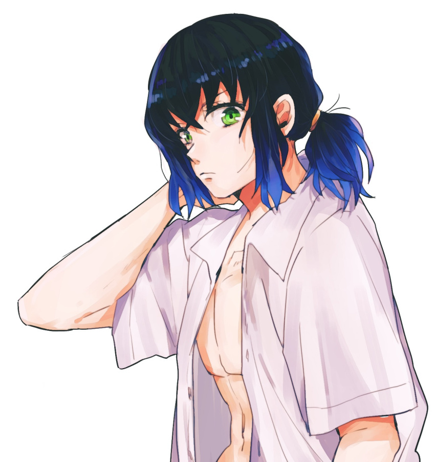 1boy, androgynous, bishounen, blue_hair, collared_shirt, gradient_hair, green_eyes, hashibira_inosuke