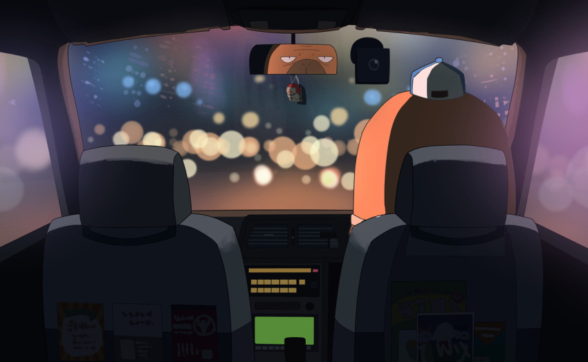 1boy, blurry, bokeh, charm_(object), depth_of_field, driving, furry, furry_male, gizugazu, hat, looking_at_viewer, male_focus, odd_taxi, odokawa_hiroshi, rear-view_mirror, security_camera, solo, taxi, walrus_boy