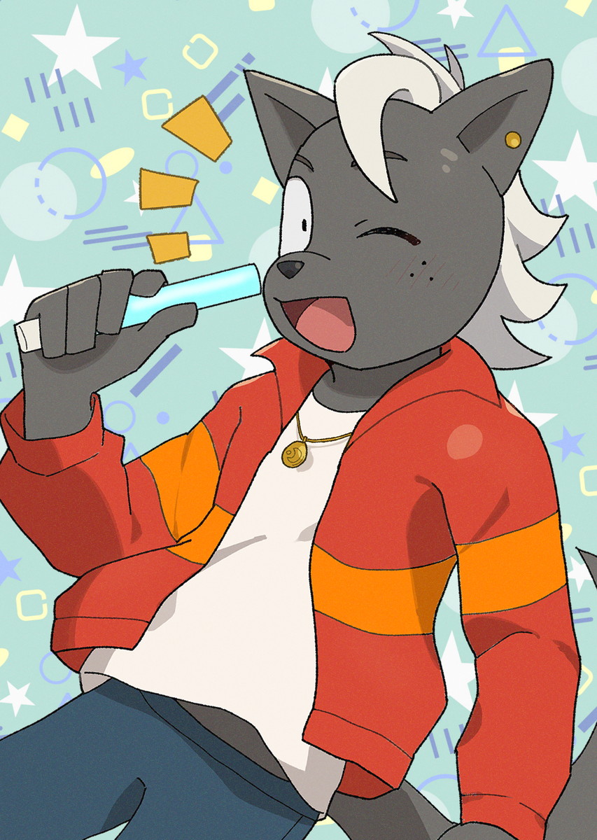 1boy, blush, earrings, furry, furry_male, gizugazu, happy, highres