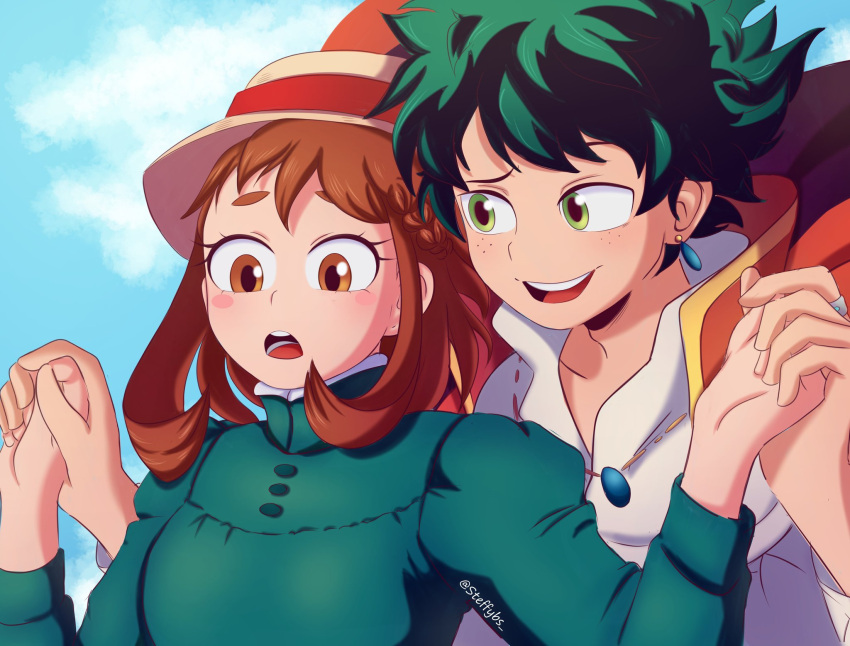 1boy, 1girl, blush, boku_no_hero_academia, brown_eyes, brown_hair, dress, earrings, freckles, green_dress, green_eyes, green_hair, highres, jewelry, midoriya_izuku, necklace, open_mouth, shirt, short_hair, smile, steffy_bs, steffybs, studio_ghibli, twitter_username, uraraka_ochako