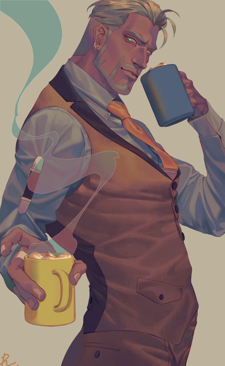 1boy, commentary_request, formal, highres, holding, long_sleeves, looking_at_viewer, male_focus, mature_male, muscular, muscular_male, necktie, original, pants, reisei_zero, shirt, shoes, short_hair, solo, vest, waistcoat
