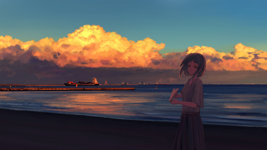 1girl, blue_skirt, blue_sky, clouds, commentary_request, container_ship, crane_(machine), green_shirt