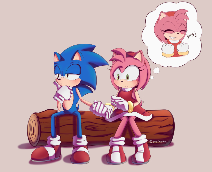 1boy, 1girl, amy_rose, animal_ears, boots, closed_eyes, dress, furry