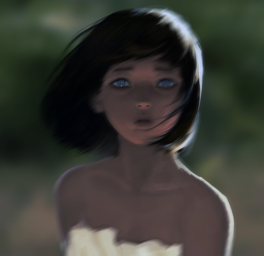 1girl, backlighting, bangs, bare_shoulders, black_hair, blue_eyes, blurry, blurry_background, bob_cut, closed_mouth, collarbone, dark-skinned_female, dark_skin, depth_of_field, duckchuni, eyelashes, eyeshadow, floating_hair, lips, looking_at_viewer, makeup, motion_blur, original, photo-referenced, portrait, short_hair, solo, strapless, tears