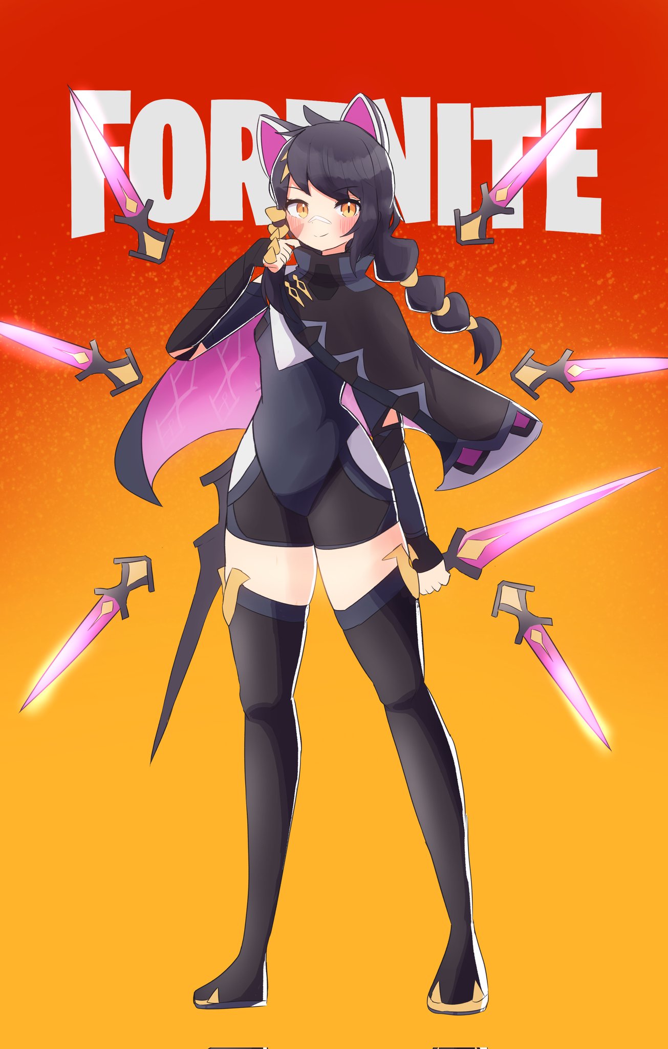 1girl, animal_ears, bandage_on_face, bandages, black_hair, black_legwear, blush, cape