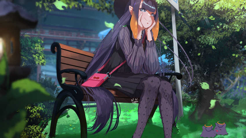 1girl, architecture, bag, bangs, bench, beret, black_skirt, blue_eyes