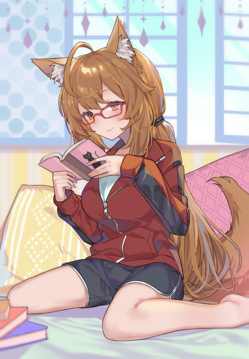 1girl, absurdres, ahoge, animal_ear_fluff, animal_ears, bangs, barefoot, black_shorts
