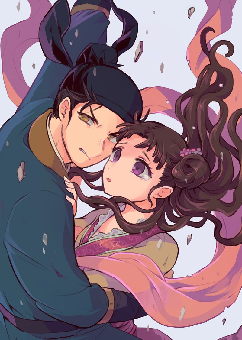 1boy, 1girl, arm_up, bangs, basen_(kusuriya_no_hitorigoto), black_hair, brown_hair, clenched_teeth, debris, falling, floating_hair, flower, guan_hat, hair_flower, hair_ornament, hand_on_another's_shoulder, hat, heads_together, hug, kusuriya_no_hitorigoto, lace_trim, long_sleeves, looking_at_another, looking_away, looking_back, noshima, parted_lips, protecting, riishu_(kusuriya_no_hitorigoto), robe, sash, shawl, side_bun, sideways_glance, simple_background, surprised, tears, teeth, torn_clothes, upper_body, violet_eyes