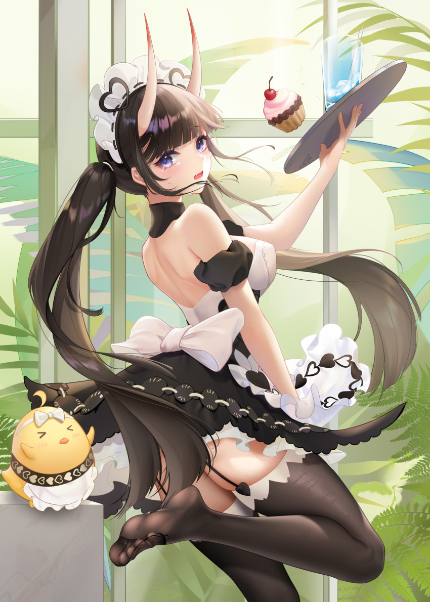 1girl, apron, ass, azur_lane, back, backless_dress, backless_outfit, bangs, bare_shoulders, black_dress, blunt_bangs, breasts, brown_hair, brown_legwear, cup, cupcake, dress, eyebrows_visible_through_hair, feet, food, frilled_apron, frills, garter_straps, highres, holding, holding_tray, horns, indoors, large_breasts, liu_liaoliao, long_hair, looking_at_viewer, maid, maid_headdress, manjuu_(azur_lane), noshiro_(azur_lane), noshiro_(hold_the_ice)_(azur_lane), oni_horns, open_mouth, soles, solo, standing, standing_on_one_leg, thigh-highs, toes, tray, twintails, very_long_hair, violet_eyes