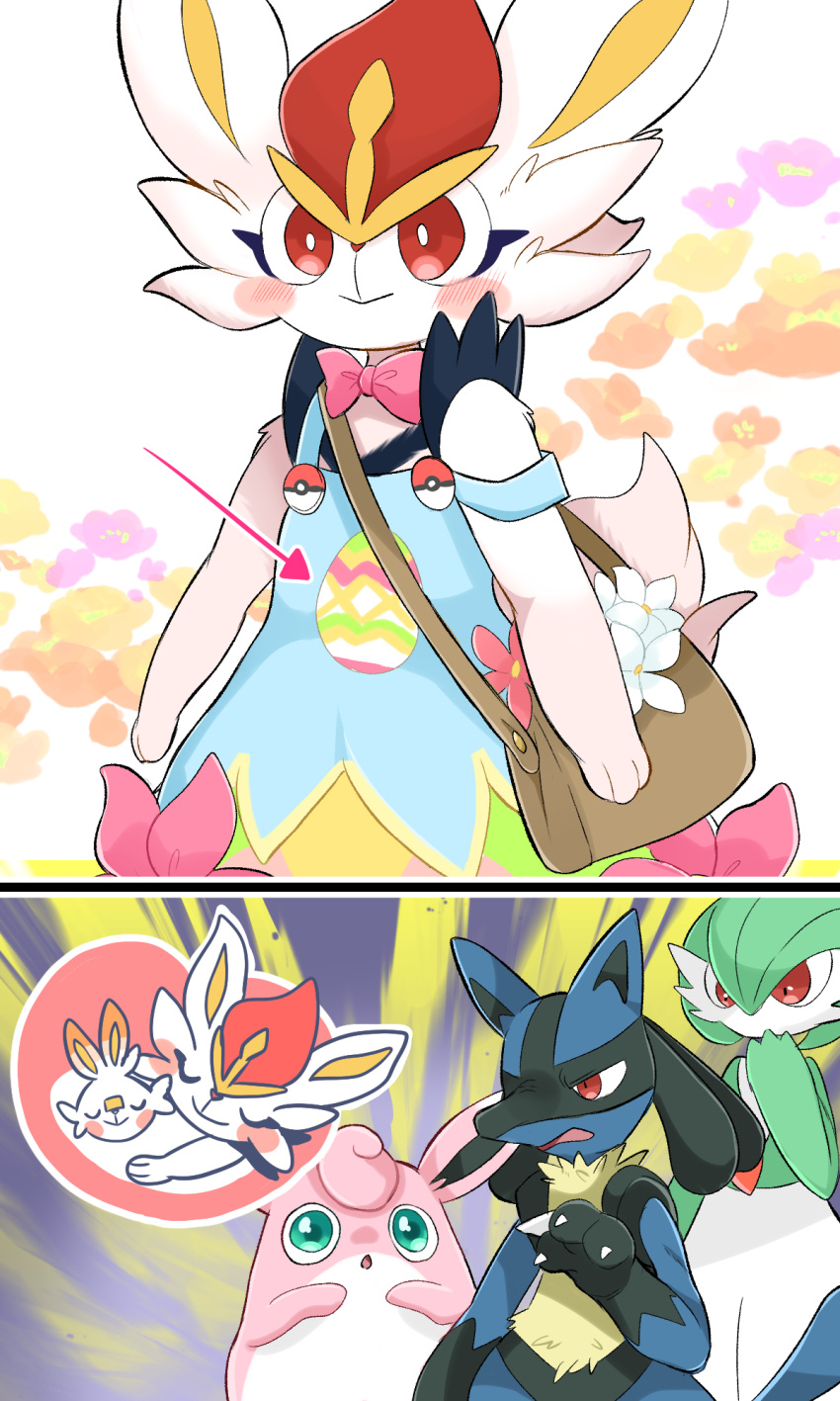 1boy, 2girls, :>, animal_ears, animal_hands, animal_nose, aqua_eyes, arrow_(symbol), bag, bangs, bare_shoulders, black_fur, blue_dress, blue_fur, blush, blush_stickers, bob_cut, body_fur, bow, bowtie, bright_pupils, cinderace, claws, closed_mouth, clothed_pokemon, colored_skin, cowboy_shot, dress, egg_print, flat_chest, flower, furry, furry_female, furry_male, gardevoir, green_hair, green_skin, hair_between_eyes, hand_to_own_mouth, hand_up, highres, lucario, multicolored_skin, multiple_girls, open_mouth, orange_flower, pink_bow, pink_bowtie, poke_ball_symbol, pokemon, pokemon_(creature), pokemon_(game), pokemon_unite, prrrrrrmine, purple_flower, rabbit_ears, rabbit_girl, rabbit_tail, red_eyes, redhead, scorbunny, short_hair, shoulder_bag, sleeveless, sleeveless_dress, snout, standing, strap_slip, tail, traditional_bowtie, two-tone_skin, white_flower, white_fur, white_pupils, white_skin, wigglytuff, wolf_boy, wolf_ears, wolf_tail, yellow_flower, yellow_fur