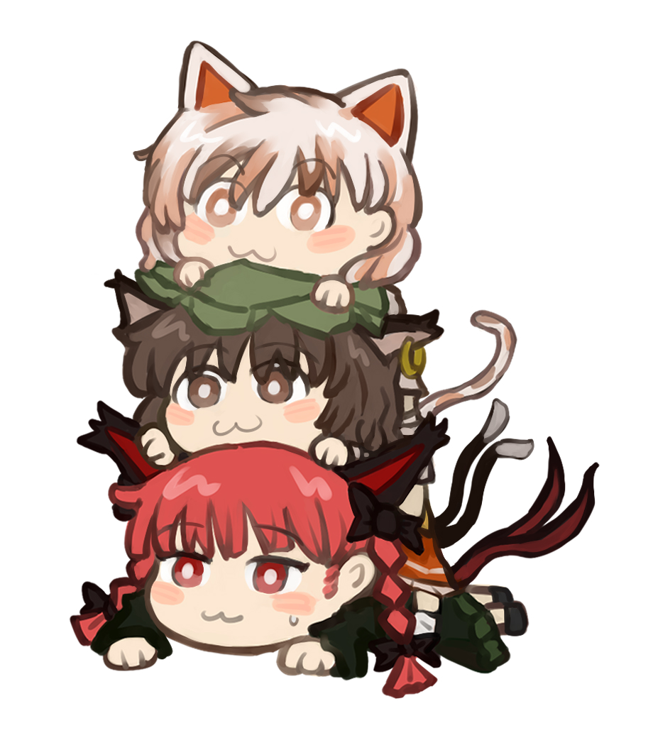 3girls, :3, animal_ears, animal_hands, black_bow, blush, bow, braid