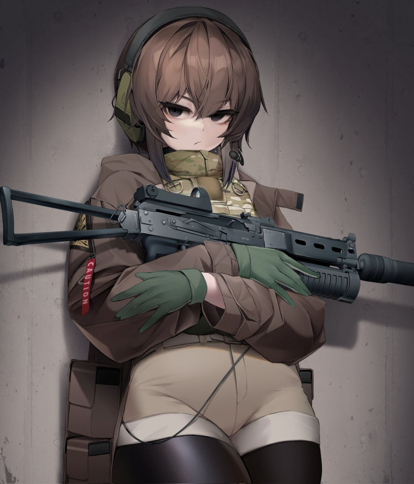 1girl, against_wall, bangs, black_legwear, brown_hair, camouflage, closed_mouth, commentary, cowboy_shot, gloves, grey_eyes, gun, hair_between_eyes, headset, highres, holding, holding_gun, holding_weapon, jacket, ka941, karinn_(ka941), long_sleeves, looking_at_viewer, original, pantyhose, short_shorts, shorts, sidelocks, solo, standing, weapon, weapon_request