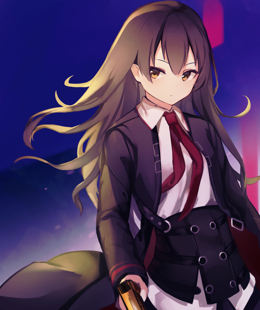 1girl, black_jacket, brown_hair, collared_shirt, girls_frontline, gun, handgun, highres