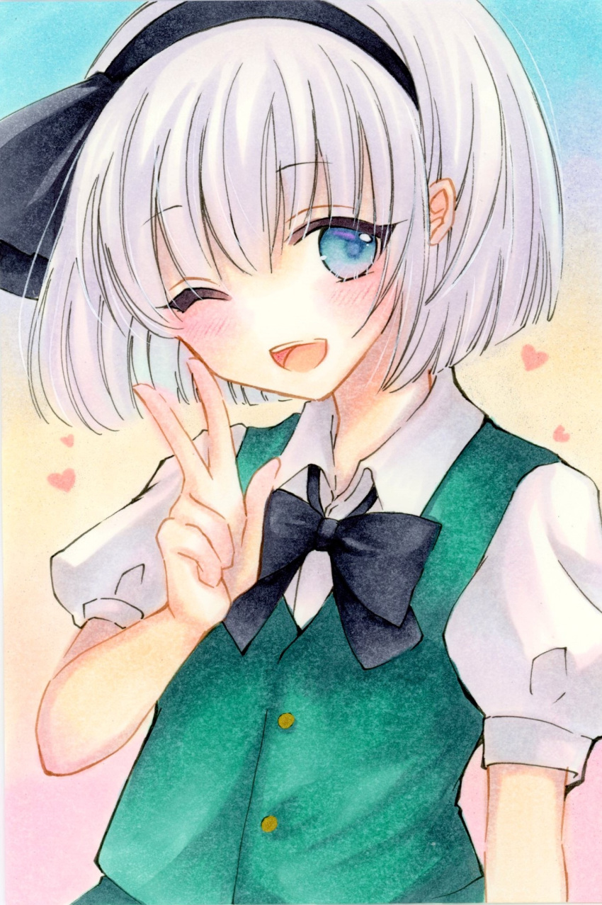 1girl, bangs, black_bow, black_bowtie, black_hairband, black_ribbon, blue_background, blue_eyes