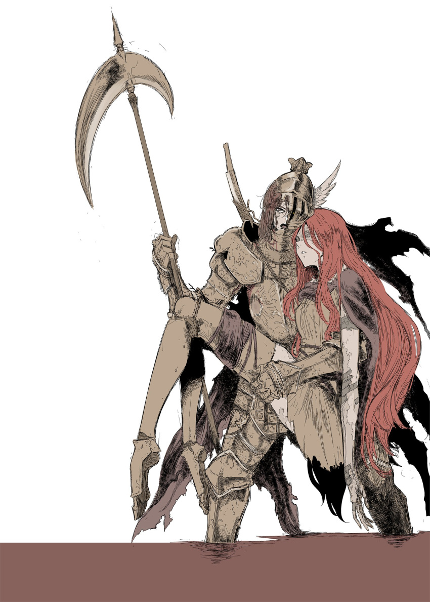 2girls, absurdres, armor, breastplate, carrying, carrying_person, cleanrot_knight, cleanrot_knight_finlay