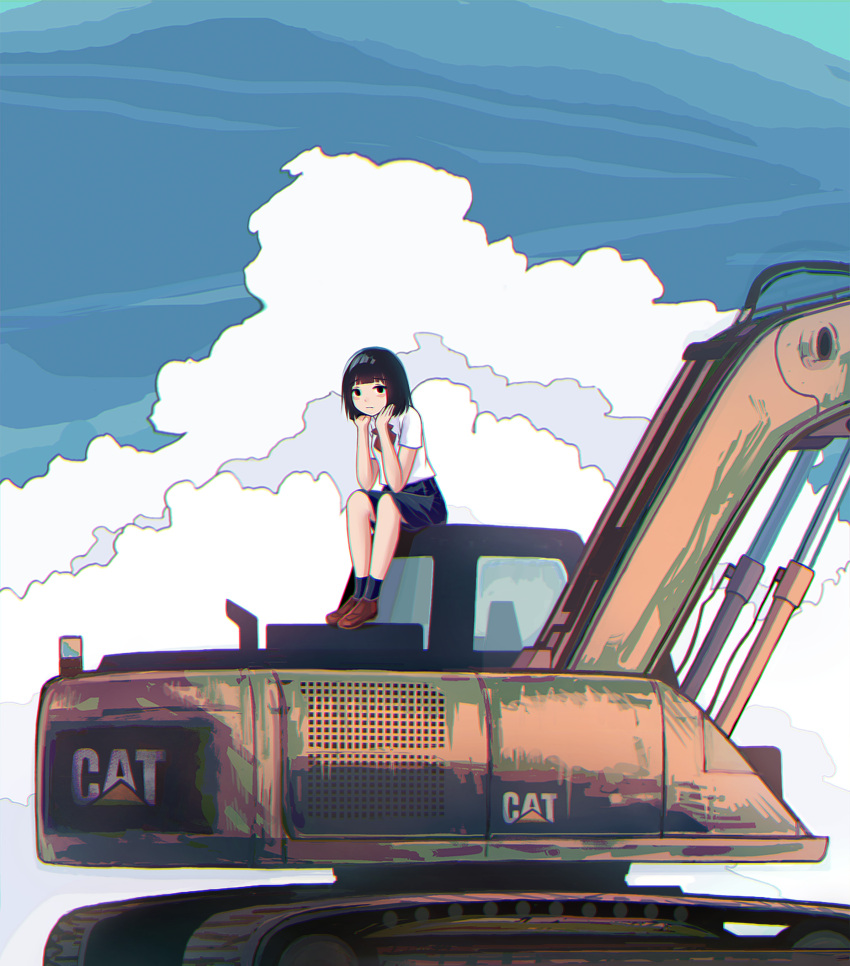 1girl, absurdres, black_legwear, black_shirt, blue_sky, bow, bowtie, brown_footwear