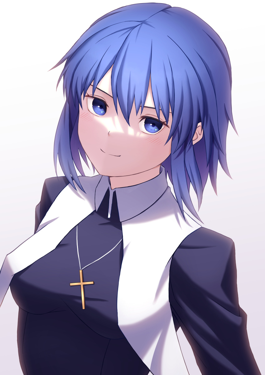 1girl, absurdres, bangs, blue_eyes, blue_hair, breasts, ciel_(tsukihime), closed_mouth, cross, gradient, gradient_background, highres, jewelry, ka_ki_o, large_breasts, looking_at_viewer, pendant, short_hair, smile, solo, tsukihime, upper_body, white_background