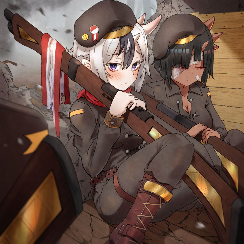 2girls, bandage_over_one_eye, beret, black_hair, black_headwear, boots, breasts, brown_footwear