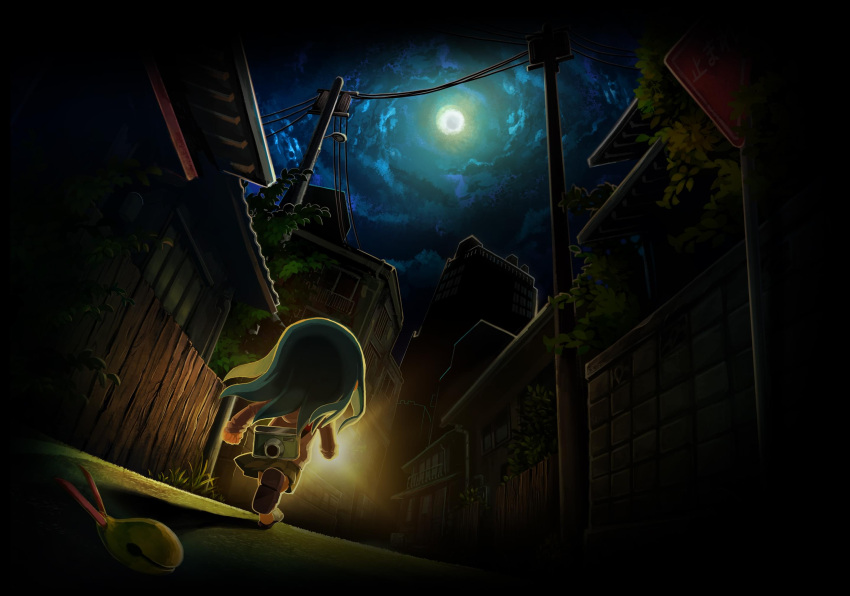 1girl, artist_request, bell, building, bush, camera, clouds, fence, flashlight, from_behind, full_body, highres, hood, hoodie, house, jingle_bell, long_hair, night, night_sky, official_art, omoide_no_naka_no_shoujo, power_lines, road_sign, running, shadow, sign, skirt, sky, solo, utility_pole, yomawari_(series), yomawari_san