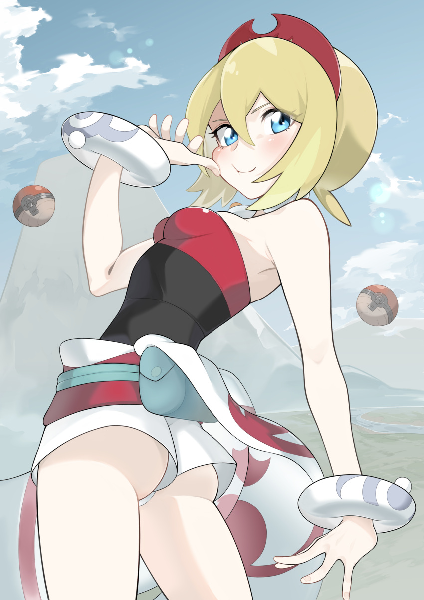 1girl, :t, absurdres, ass, bangs, blonde_hair, blue_eyes, blush