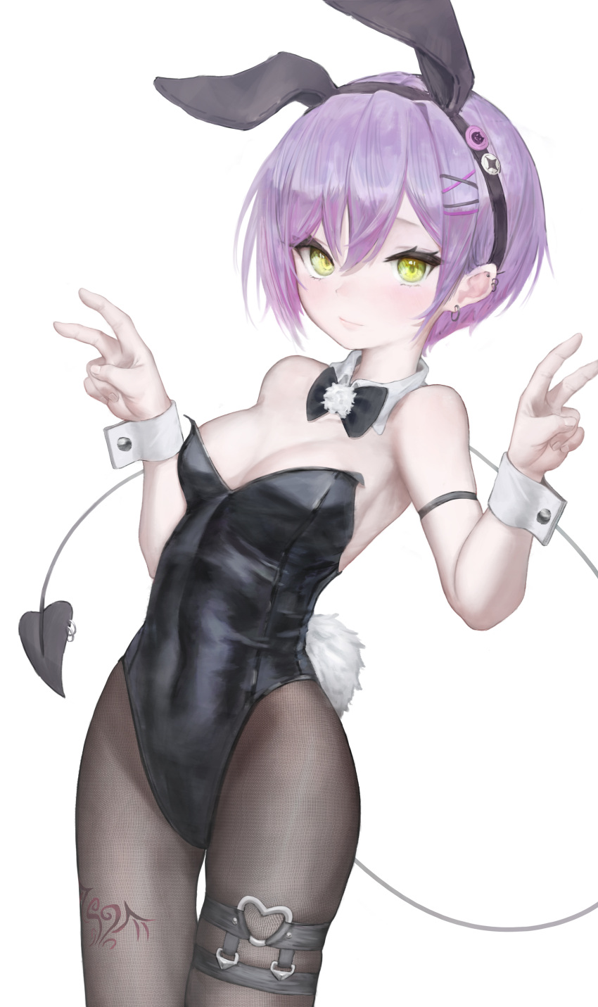 1girl, absurdres, animal_ears, bangs, black_bow, black_bowtie, black_hairband, black_leotard, bow, bowtie, breasts, brown_legwear, closed_mouth, cowboy_shot, demon_tail, detached_sleeves, double_v, ear_piercing, extra_ears, fake_animal_ears, green_eyes, hair_between_eyes, hair_ornament, hairband, hairclip, highres, hololive, hwoi_(hw_123), leg_tattoo, leotard, looking_at_viewer, medium_breasts, multiple_tails, no_bra, no_panties, pantyhose, piercing, playboy_bunny, purple_hair, rabbit_ears, rabbit_tail, short_hair, simple_background, solo, standing, strapless, strapless_leotard, tail, tail_ornament, tail_piercing, tattoo, thigh_strap, tokoyami_towa, v, virtual_youtuber, white_background, wrist_cuffs, x_hair_ornament
