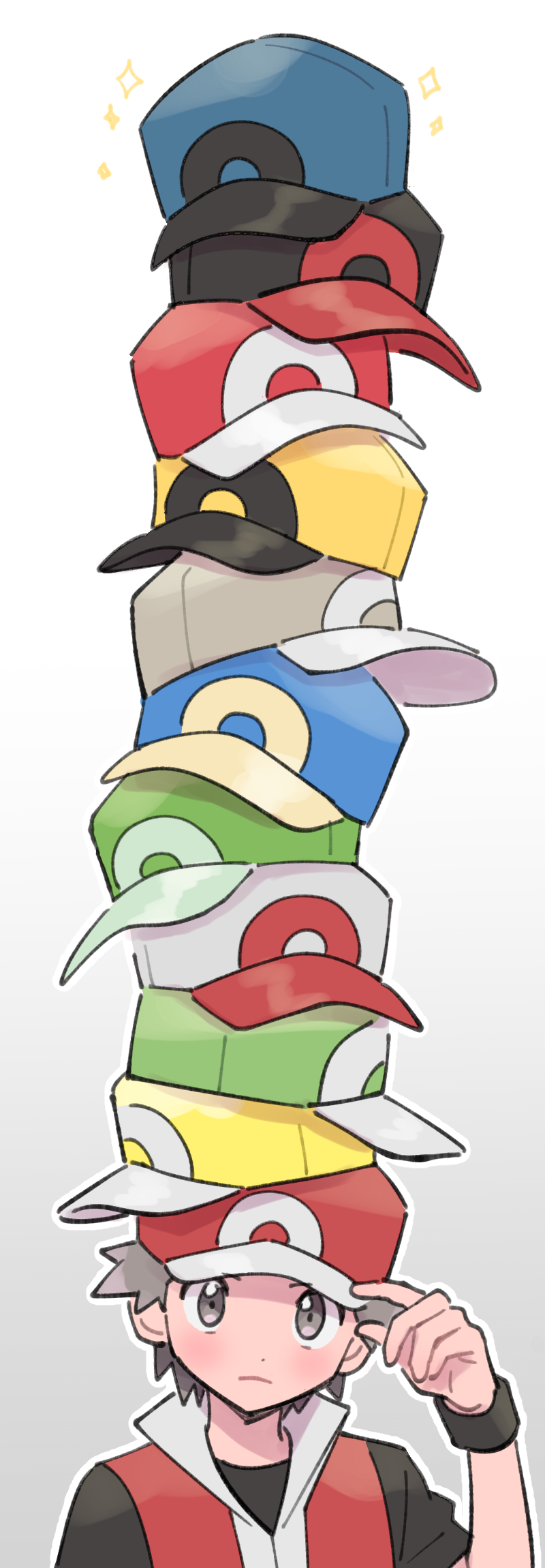 1boy, adjusting_clothes, adjusting_headwear, baseball_cap, black_headwear, black_shirt, blue_headwear, blush, closed_mouth, commentary_request, gradient, gradient_background, green_headwear, grey_eyes, grey_hair, grey_headwear, hand_up, hat, hat_over_hat, head_tilt, highres, looking_at_viewer, male_focus, outline, partial_commentary, pokemon, pokemon_(game), pokemon_frlg, pumpkinpan, red_(pokemon), red_headwear, red_vest, shirt, short_hair, short_sleeves, simple_background, solo, sparkle, spiky_hair, stacked_hats, sweatband, tall_image, too_many_hats, upper_body, vest, white_background, white_headwear, white_outline, yellow_headwear