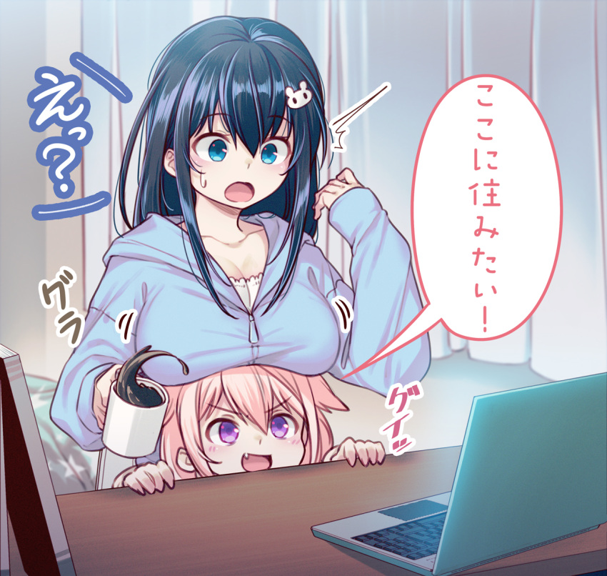 2girls, 40hara, bangs, black_hair, blue_eyes, computer, cup, eyebrows_visible_through_hair