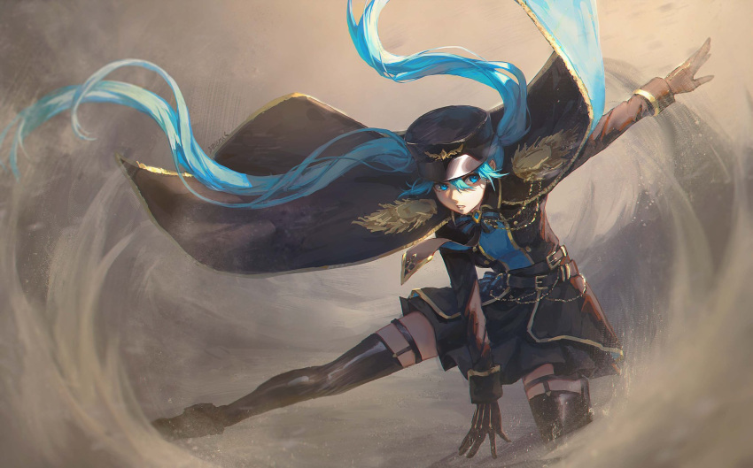 1girl, aiguillette, belt, black_cape, black_dress, black_gloves, black_headwear, black_legwear