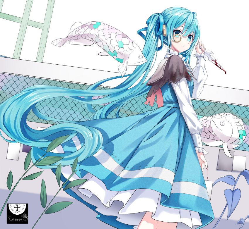 1girl, absurdres, aqua_eyes, aqua_hair, bangs, bleeding, blood, blood_on_weapon