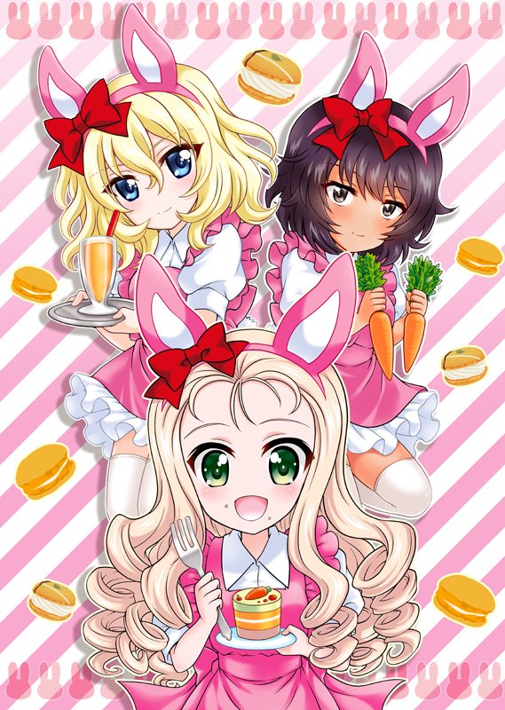 3girls, :d, alternate_costume, andou_(girls_und_panzer), animal_ears, back_bow, bangs, black_eyes