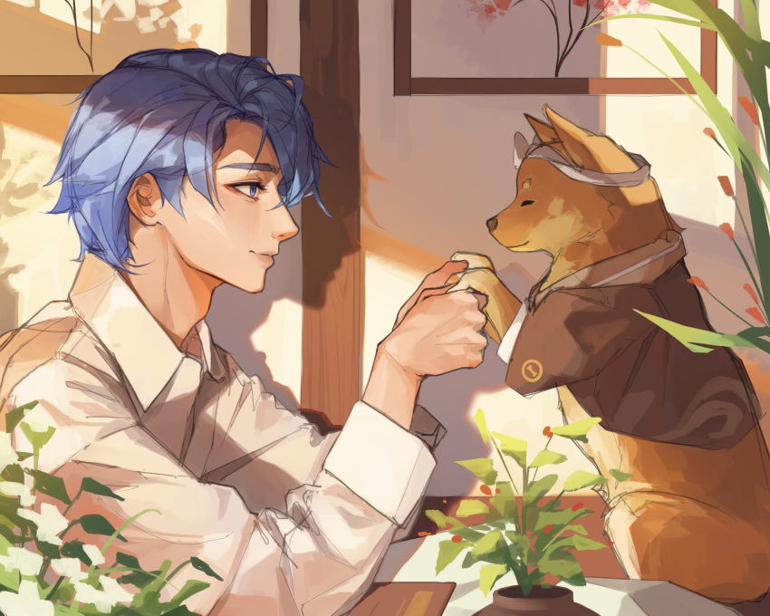 1boy, ahoge, animal, bangs, blue_eyes, blue_hair, closed_mouth, day