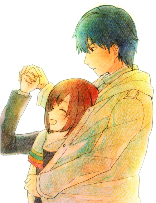 1boy, 1girl, bangs, blue_hair, bob_cut, brown_hair, couple, from_side, hand_up, height_difference, hetero, holding_hands, hug, hug_from_behind, laughing, long_sleeves, looking_at_another, looking_away, looking_down, nishii_(pixiv4603624), outstretched_arm, profile, protagonist_(tokimemo_gs2), scarf, shared_clothes, shared_coat, shiba_katsumi, short_hair, simple_background, sweater, tokimeki_memorial, tokimeki_memorial_girl's_side_2nd_kiss, upper_body, white_background