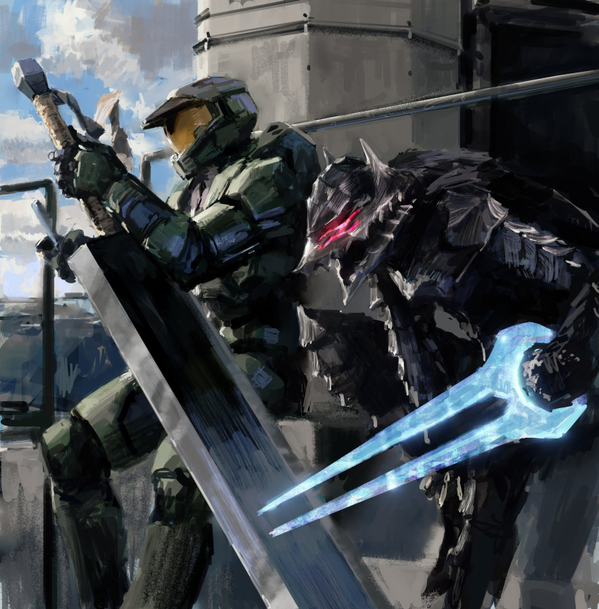 absurdres, armor, berserk, clouds, crossover, dragonslayer_(sword), energy_sword, espen_olsen_saetervik