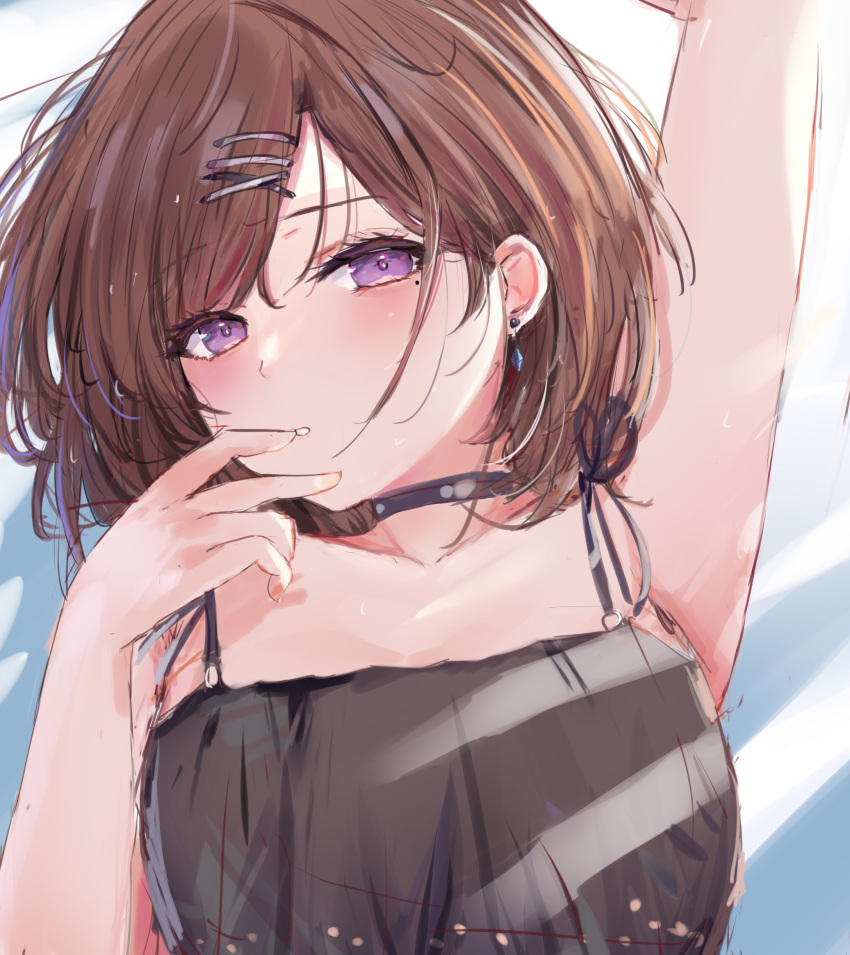 1girl, :o, absurdres, arm_up, black_choker, blush, choker, earrings, hair_ornament, hairpin, highres, higuchi_madoka, idolmaster, idolmaster_shiny_colors, jewelry, looking_at_viewer, lshiki, mole, mole_under_eye, red_eyes, redhead, simple_background, solo, upper_body