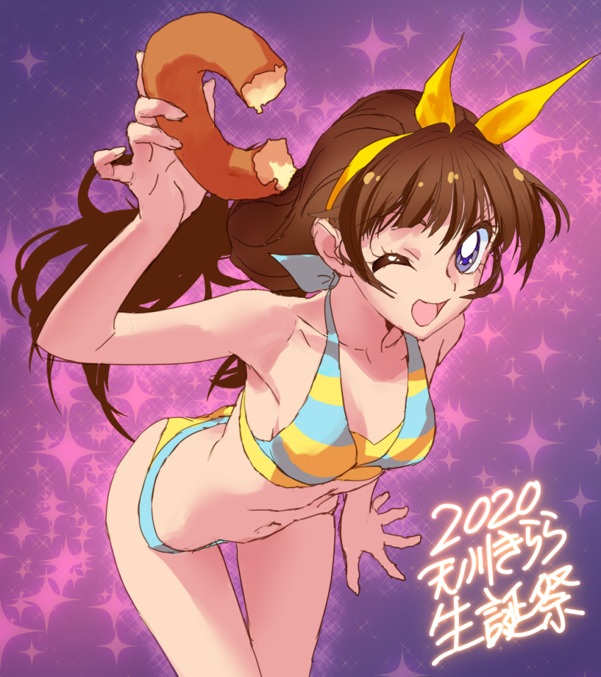 1girl, 2020, amanogawa_kirara, brown_hair, doughnut, food, go!_princess_precure, hairband