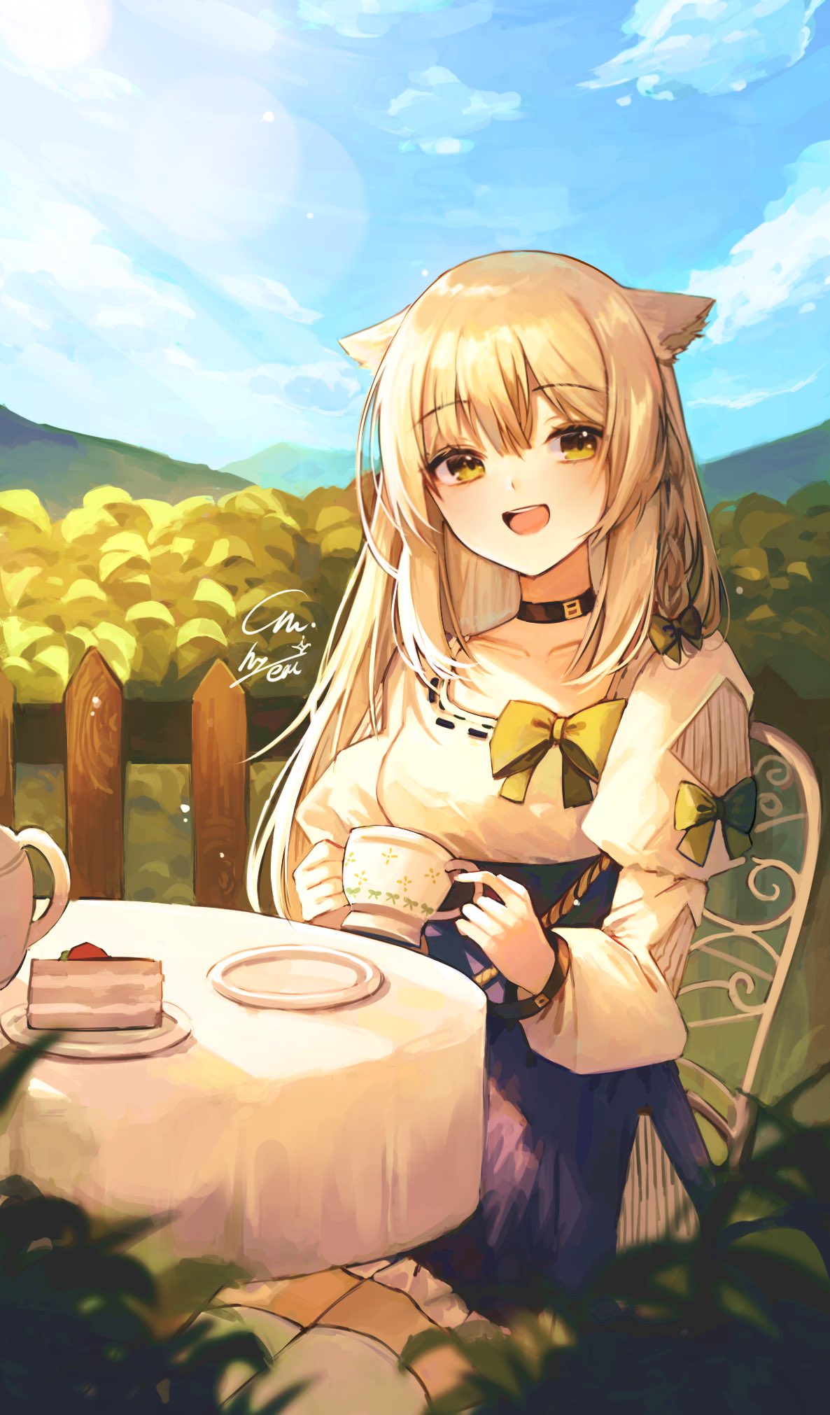 1girl, alpaca_ears, alpaca_girl, animal_ears, bangs, cake, cake_slice, chair