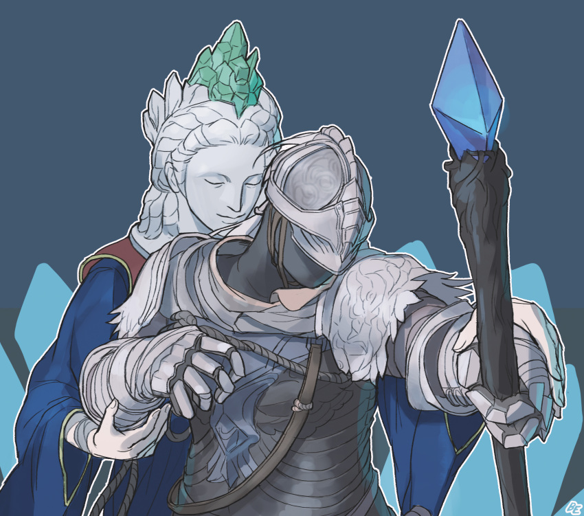 1girl, 1other, ambiguous_gender, armor, bandaged_arm, bandages, bloody_wolf_(elden_ring), blue_robe